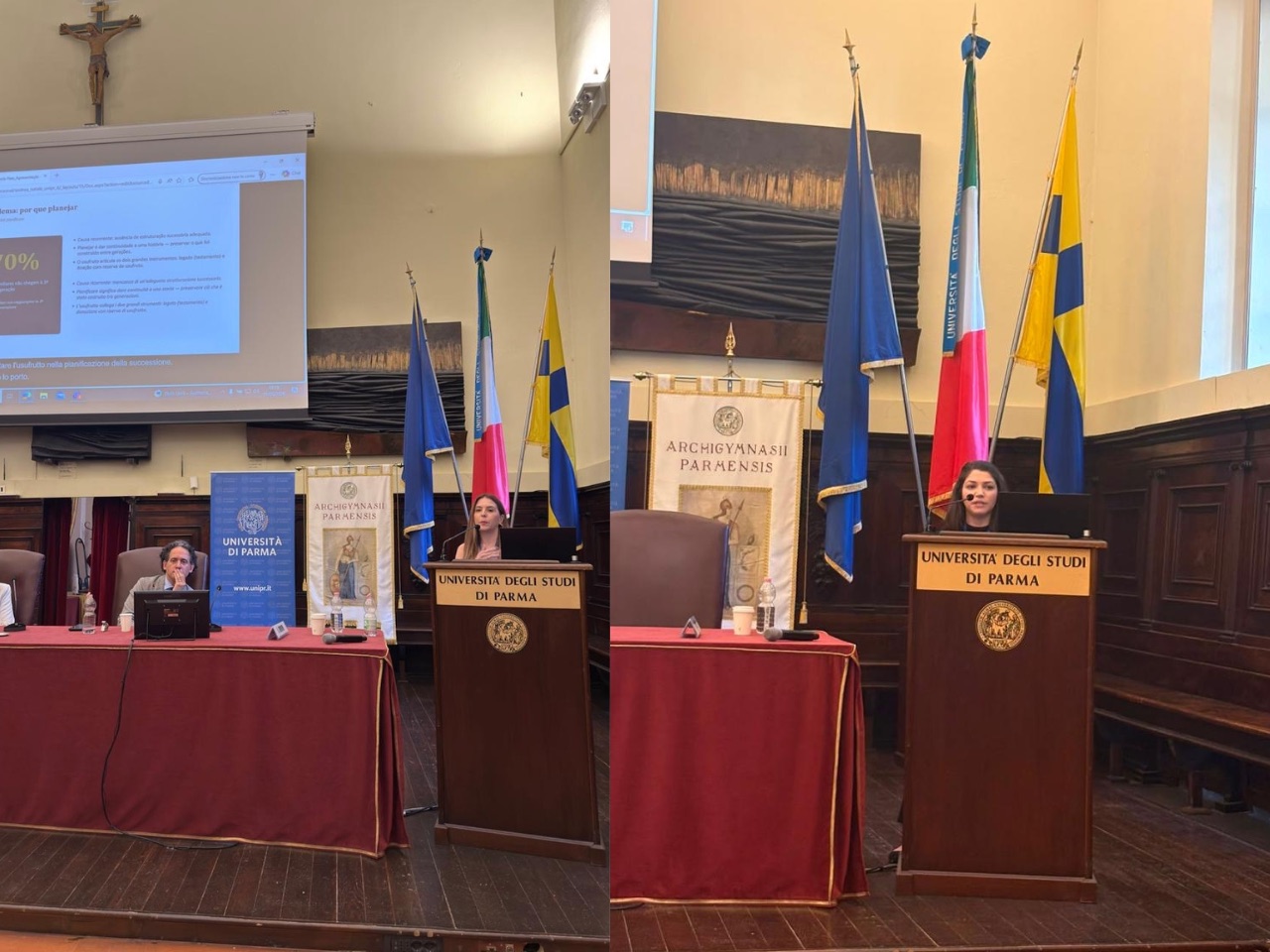Amanda Paes e Gabriela Bertol apresentando seus artigos no auditório da Università degli Studi di Parma